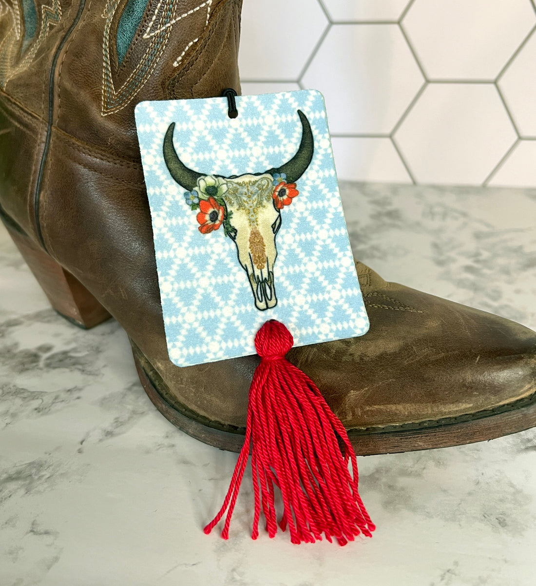 Red, White and Bull Reusable Felt Car Freshie Air Freshner Western