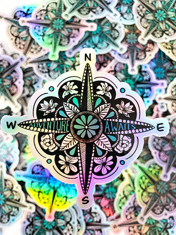 Adventure Awaits Holographic Compass sticker