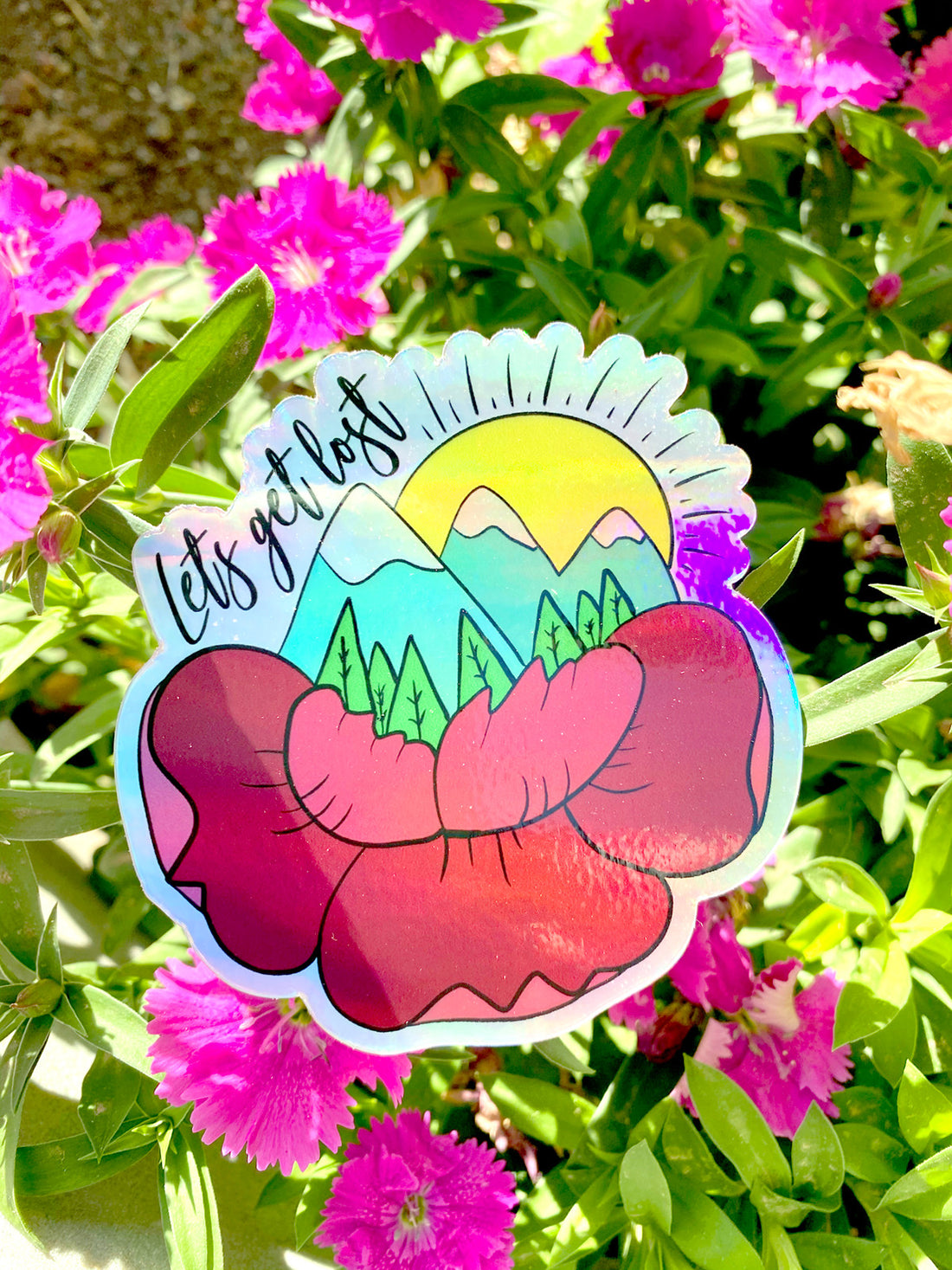 Lets get lost flower holographic sticker