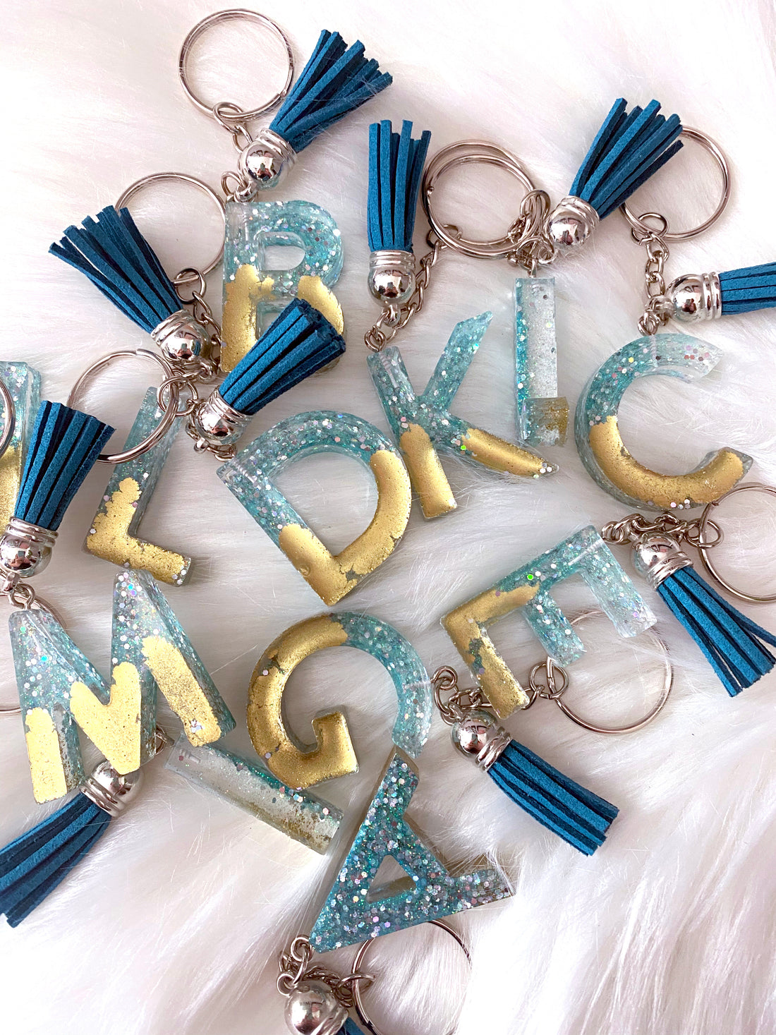 Blue Gold Glitter Epoxy Initial Keychain
