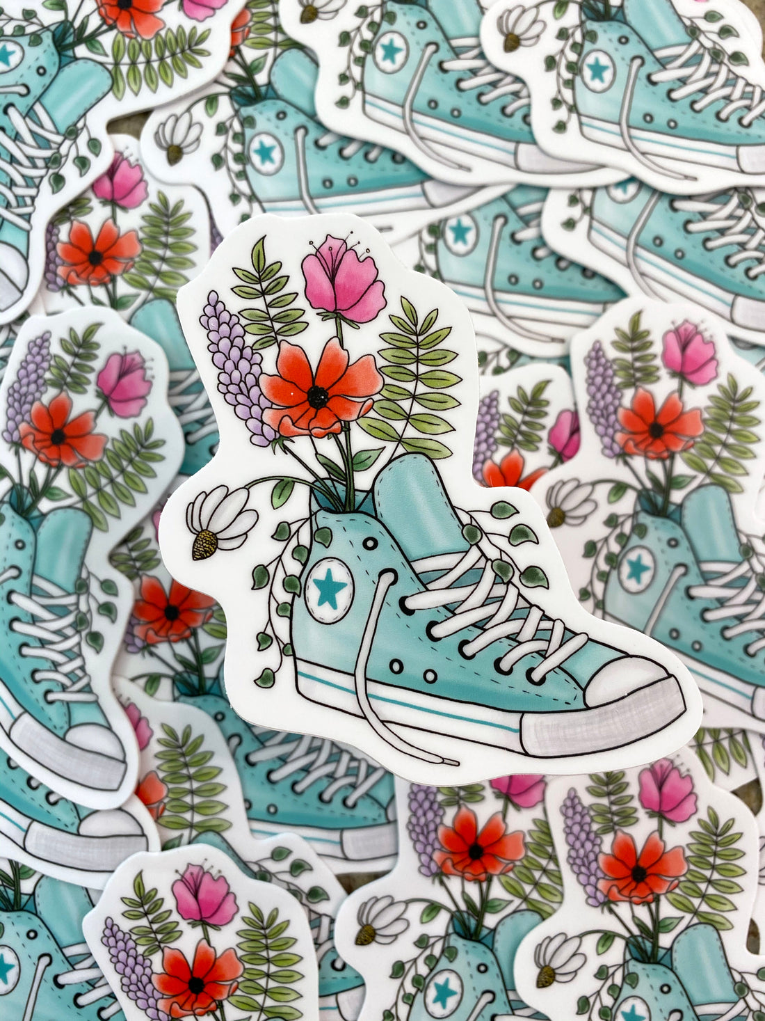 Flowers coming out of shoe sticker