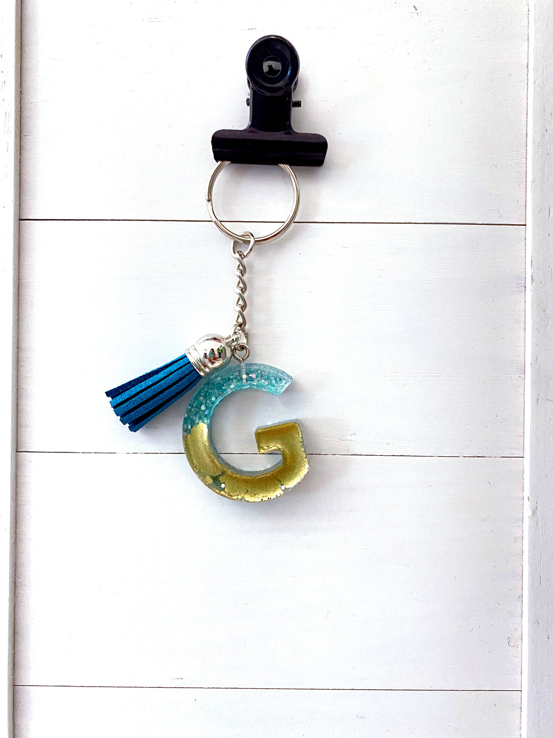Blue Gold Glitter Initial Keychain